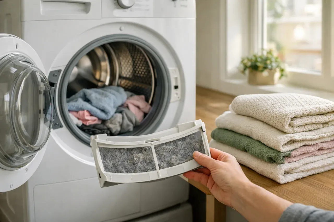 Sèche-linge blanc ouvert dans une buanderie, linge à moitié séché à l'intérieur du tambour