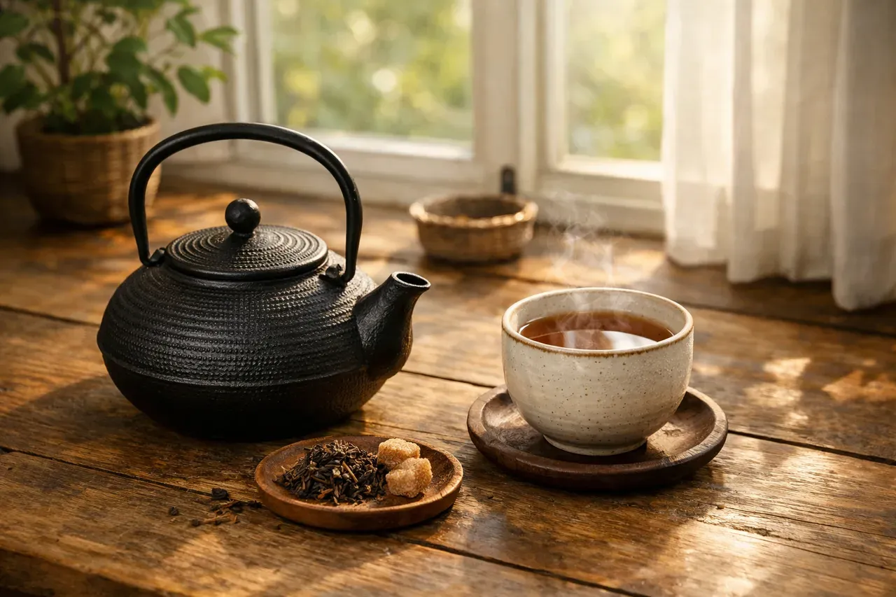 Théière en fonte et tasse de thé posées sur une table en bois près d'une fenêtre lumineuse