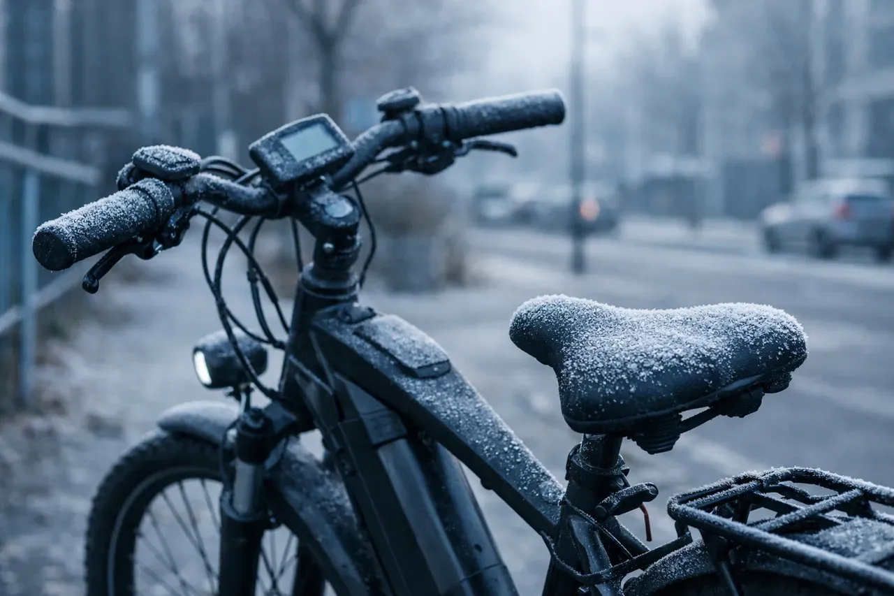 Vélo électrique garé dehors en hiver, guidon et selle couverts d'une fine couche de givre