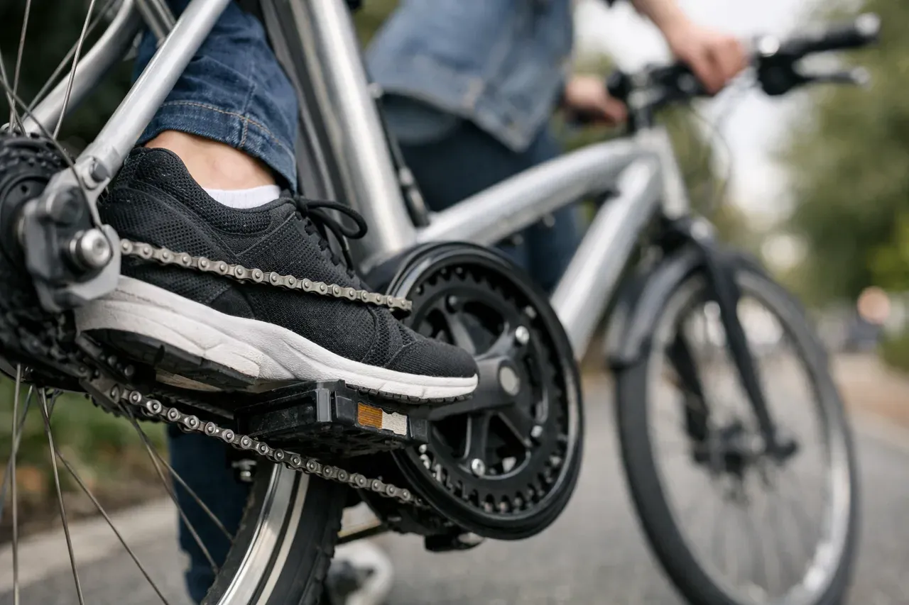 Gros plan sur le pédalier et la chaîne d'un vélo, avec un pied posé sur la pédale