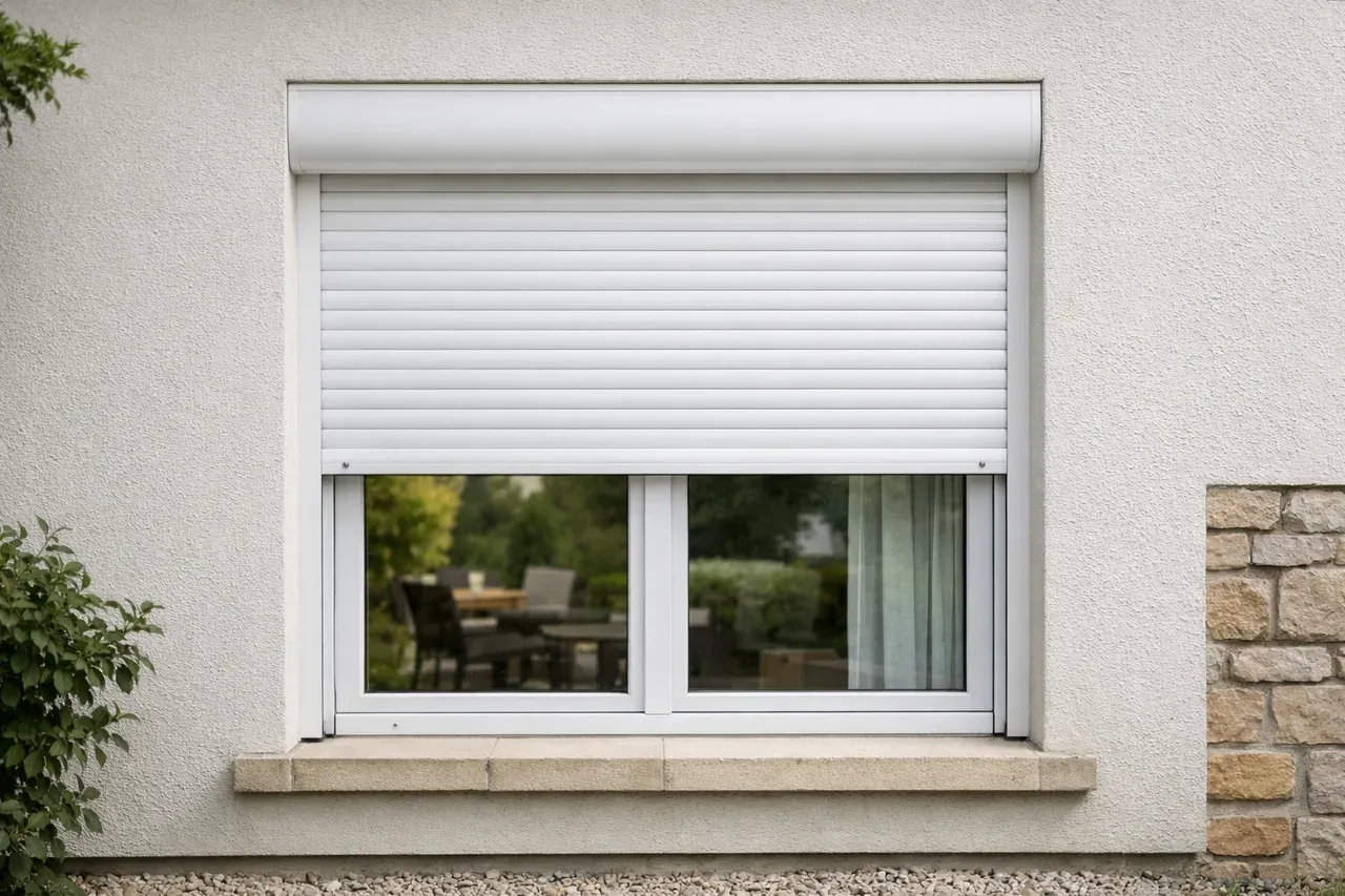 Volet roulant électrique à mi-course sur une fenêtre de maison