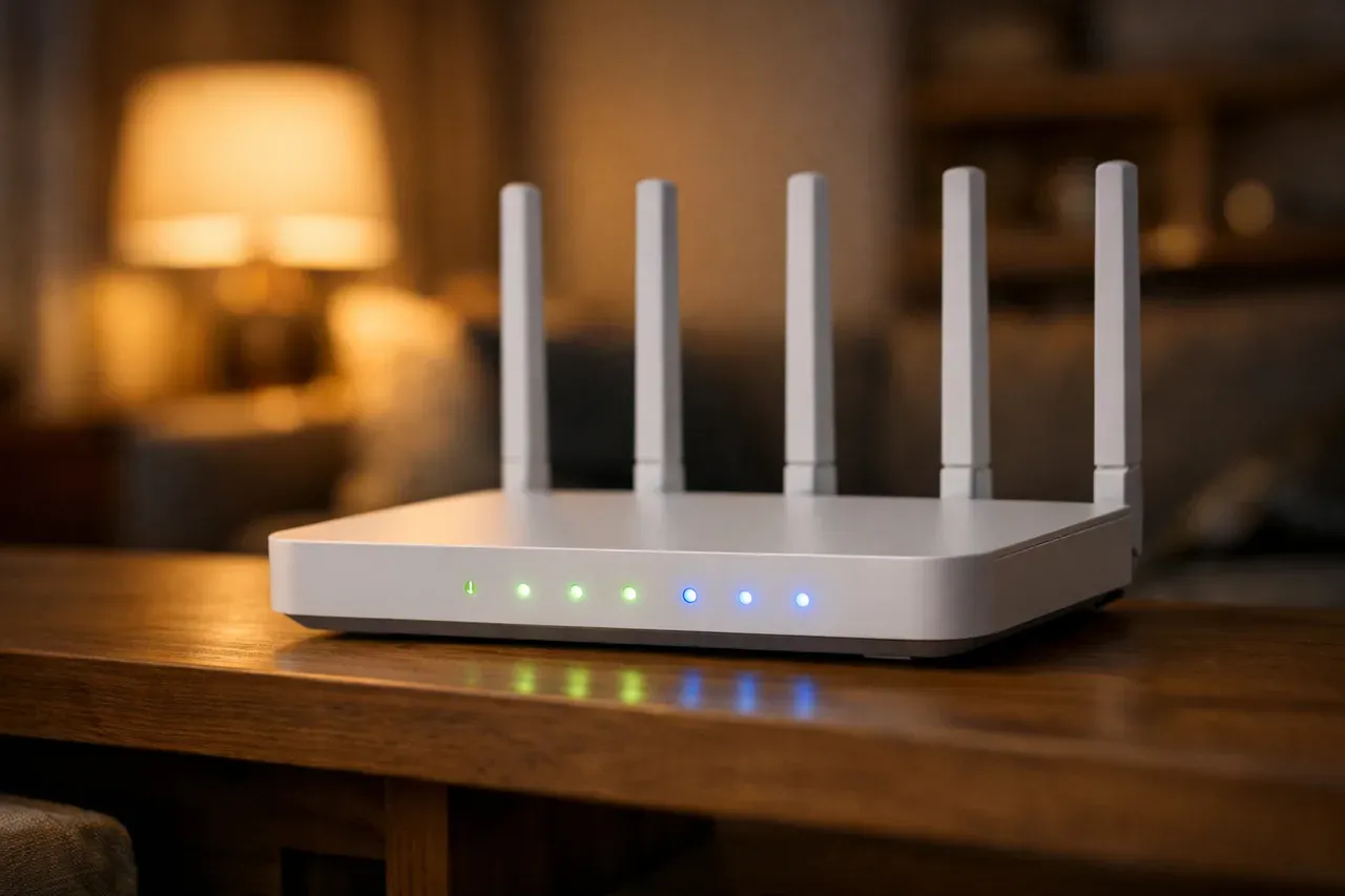 Box internet et routeur wifi posés sur un meuble dans un salon, voyants allumés