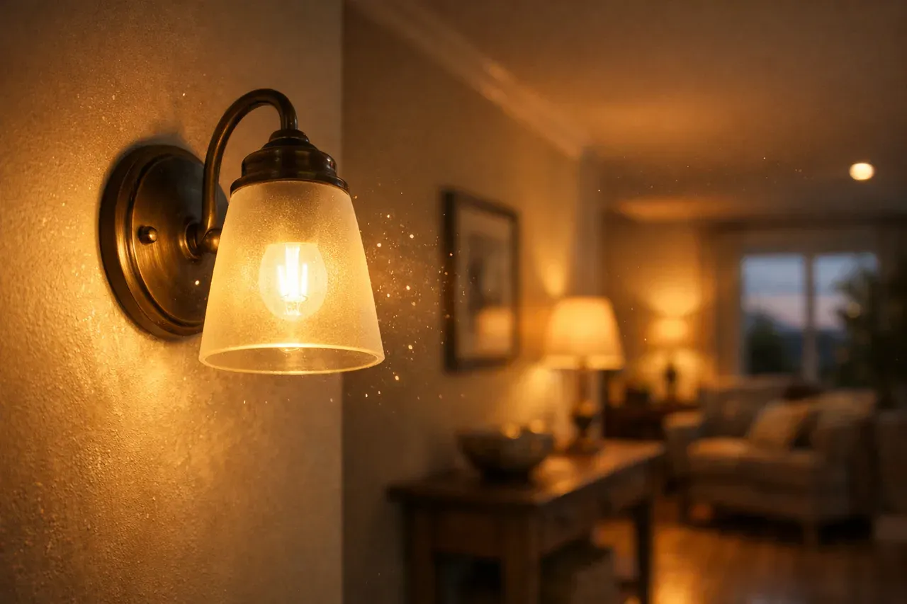 Ampoule LED qui clignote dans une applique murale d'un salon en fin de journée