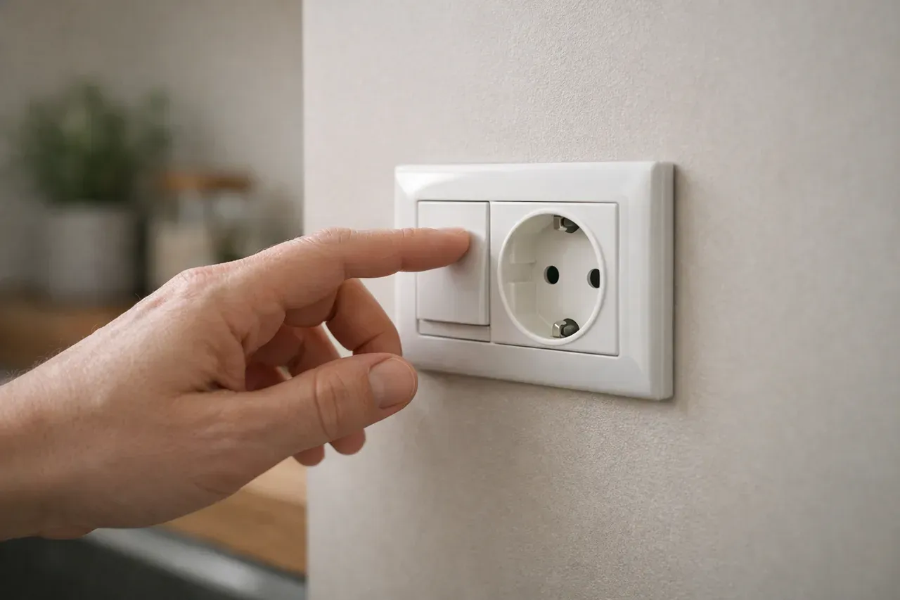 Main approchant une prise électrique murale dans un intérieur domestique